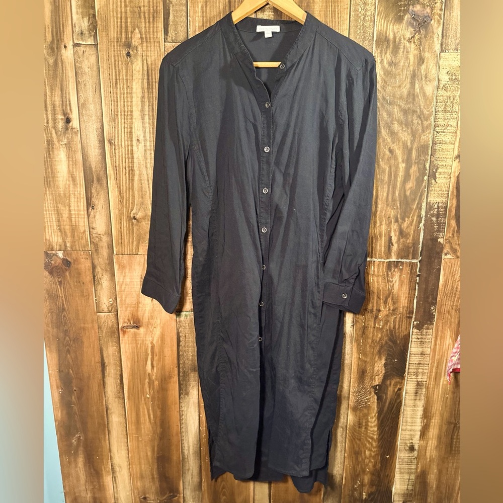 Eileen Fisher Black linen long sleeve front button shirt dress pockets size M